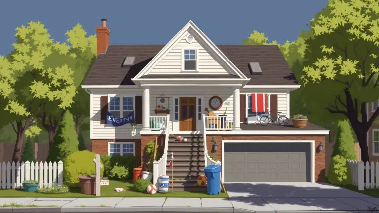 Digital painting of a large house exterior with auction items displayed.