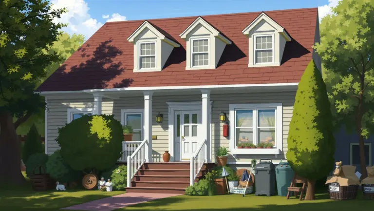Digital painting of a large house exterior with items for auction.