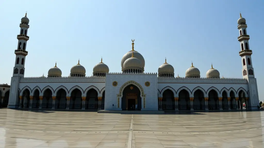 HD image of a grand mosque interior with sunlight.