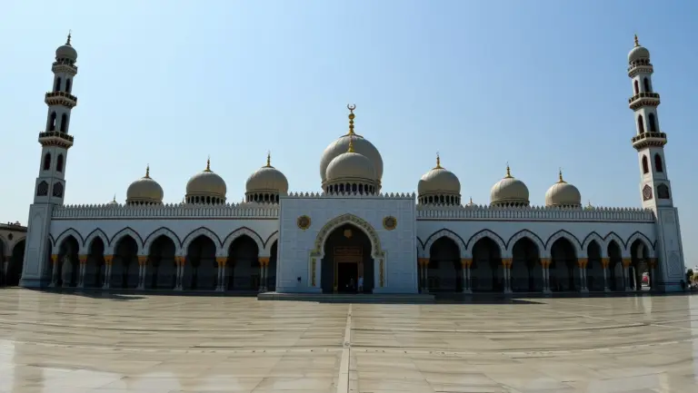 HD image of a grand mosque interior with sunlight.