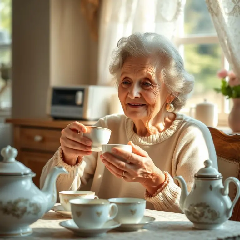 Elderly grandmother drinking tea in a cozy kitchen.