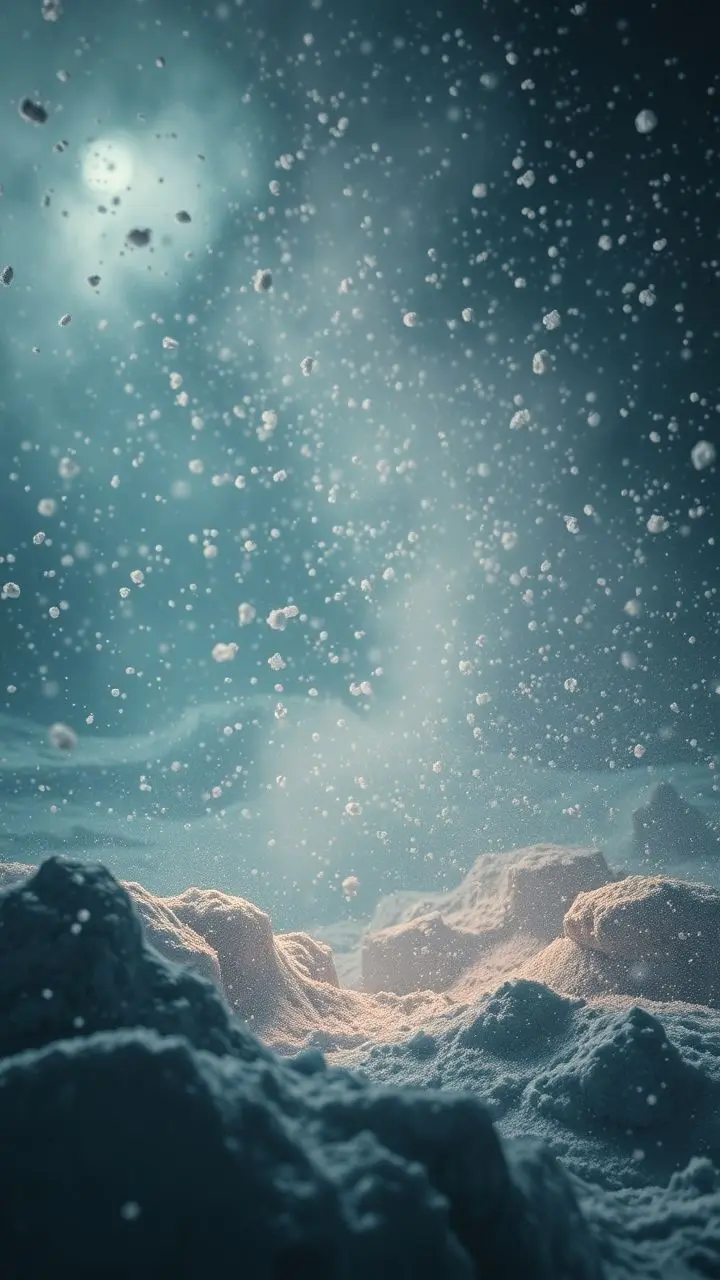 Graupel falling in chaotic studio lighting with fractured fog.