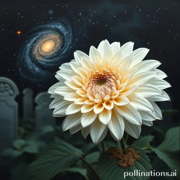 White dahlia with damaged leaves in a rainy graveyard, with a galaxy in the sky.