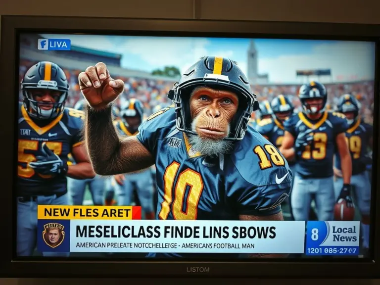 Demi-human monkey man football player posing playfully for camera on news broadcast screen.