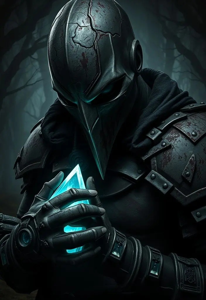 Grimdark warrior in cracked jester mask holding glowing turquoise relic.