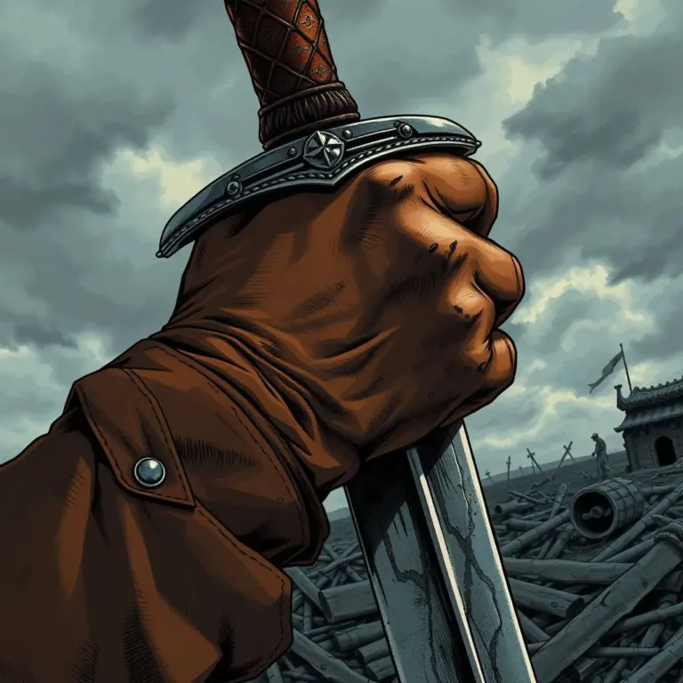 Close-up of a soldier's gloved hand gripping a sword hilt.