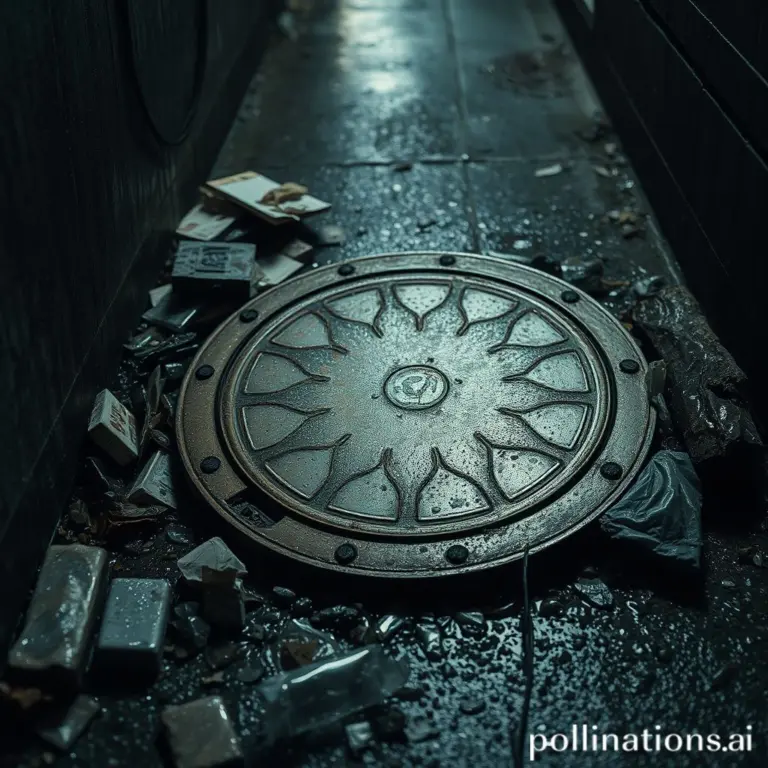 Corroded manhole lid in a dark, wet alley with trash.