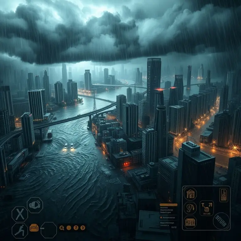 Guangzhou city during a heavy rainstorm, showing flooded streets and buildings, with a semi-transparent game interface overlay.