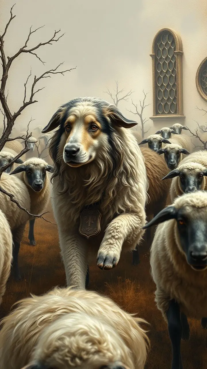 Sheepdog herding in a bare landscape with ornate, twisting windows, in an oil painting style.