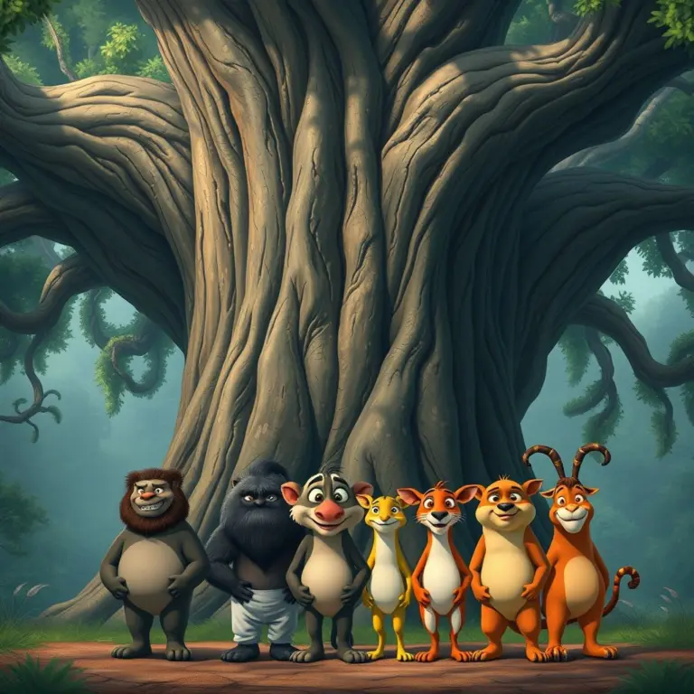 Animal friends united in front of a giant ancient tree, determined.