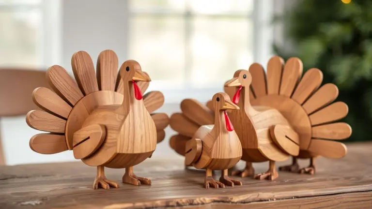Several unfinished wooden turkey carvings.