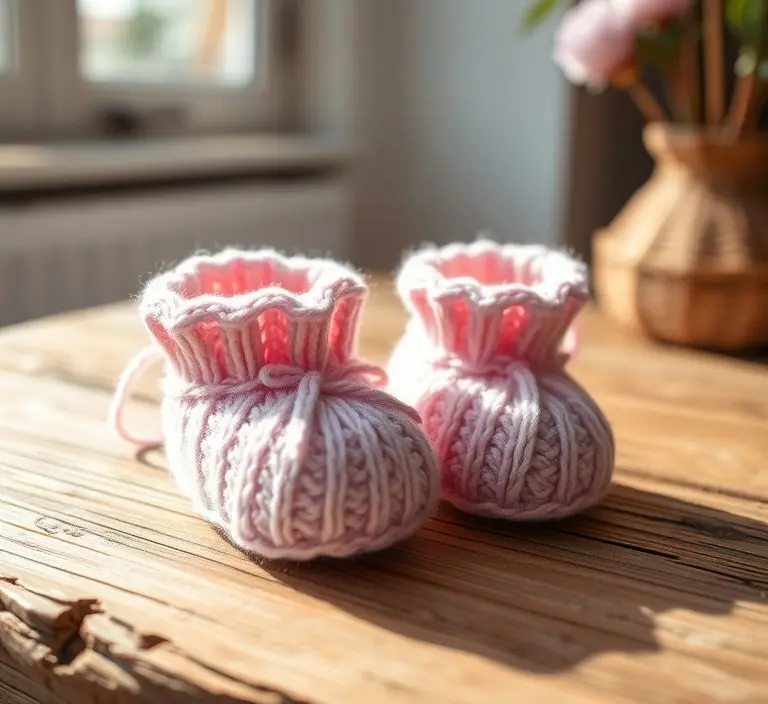 Close-up of pastel baby booties on wood