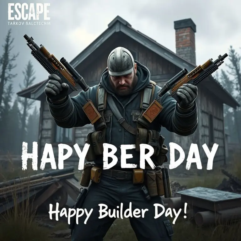 Escape from Tarkov character building house with weapons, Russian text 'Happy Builder Day'.