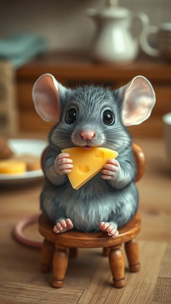 A detailed gray mouse eating cheese on a chair.