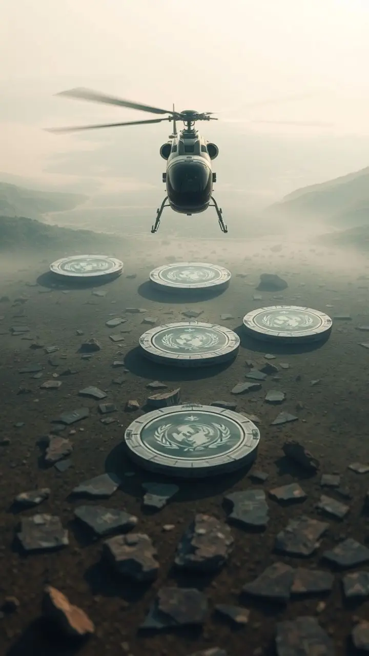 Aerial view of a helicopter near UNFCCC landing pads over broken ground patterns, soft light.