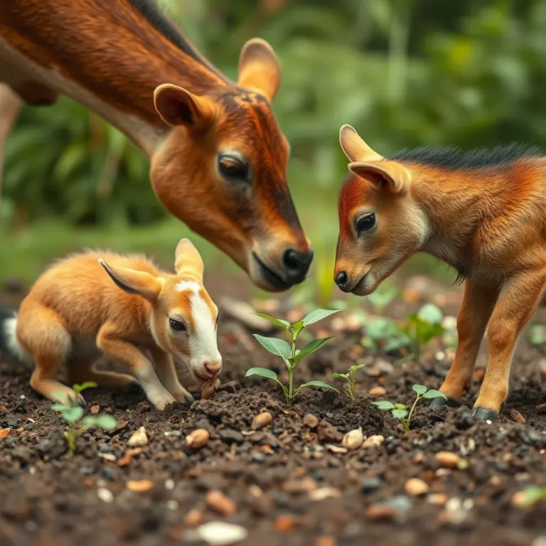 Animals planting seeds together in a garden.