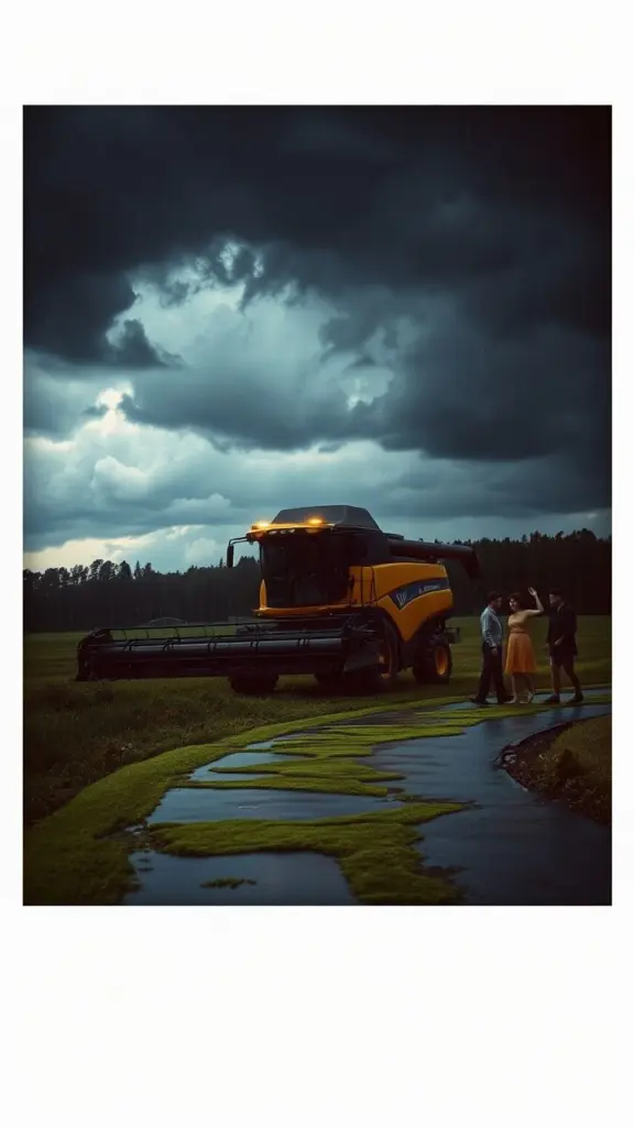 Combine harvester in a stormy field with actors.