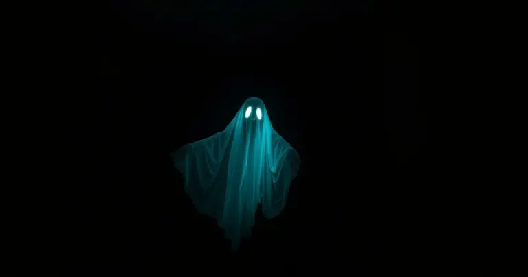 Scary white ghost with glowing eyes in a dark room.