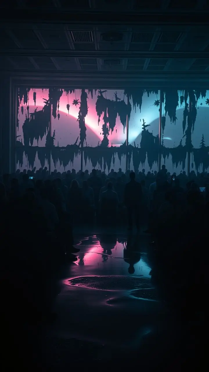Crowd absorbed in a simulation within a vaporwave convention hall, with eerie aurora reflections.