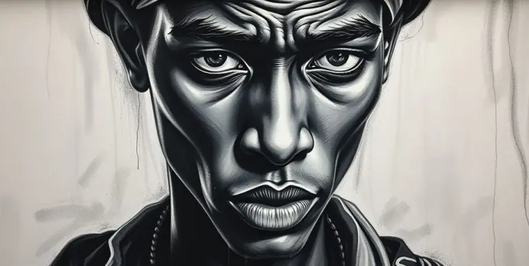 Charcoal mural portrait of a Hausa person with an emotional gaze and chin tilted down.