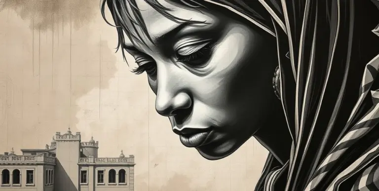Charcoal portrait mural of a Hausa person in Egon Schiele style.