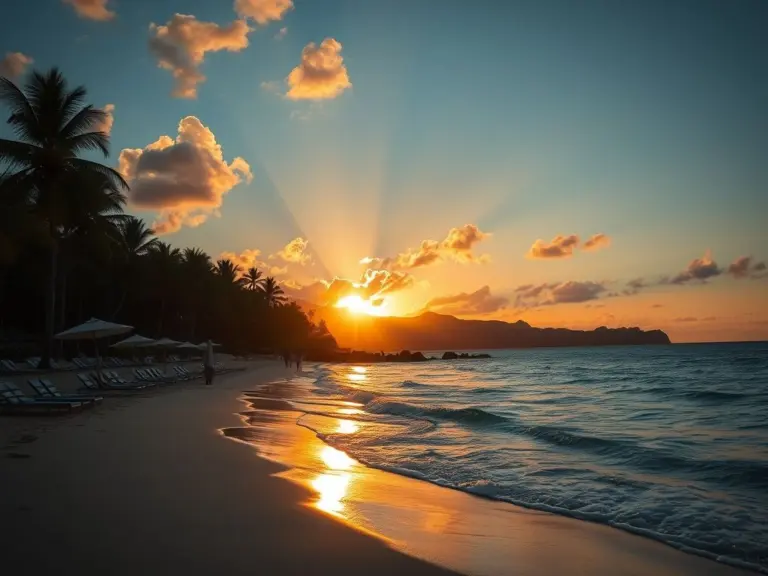 Sunset on a Hawaiian beach with sun in the background.