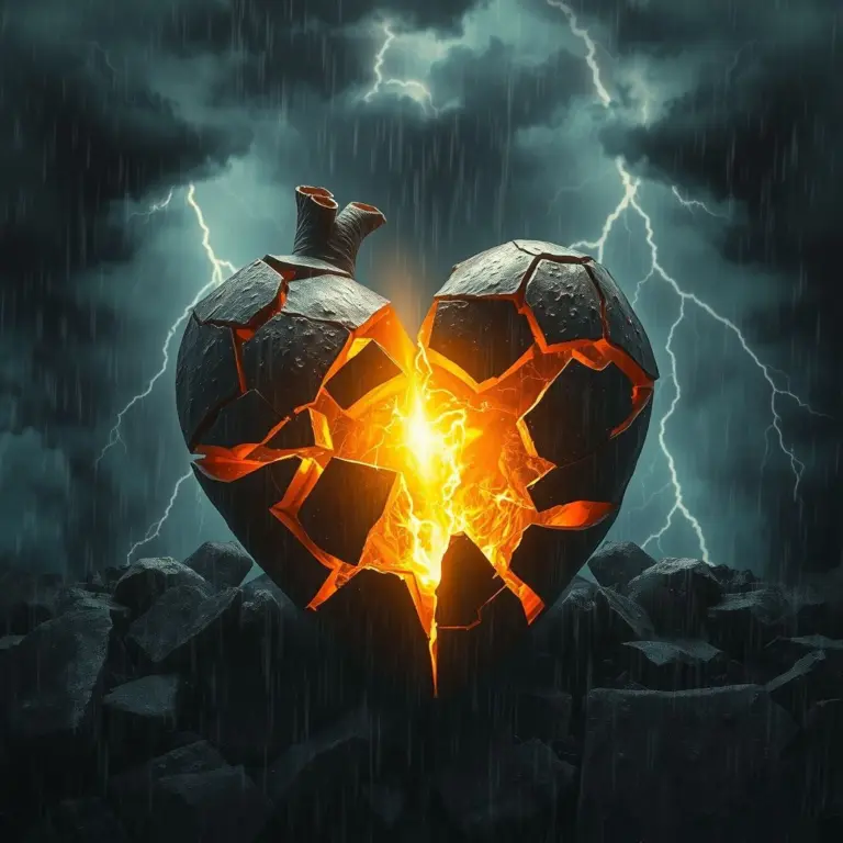 A broken heart in a thunderstorm, with golden light rebuilding it.