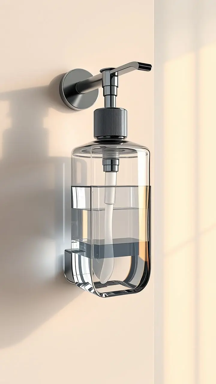 Comic book style drawing of a transparent soap dispenser on a bathroom wall.