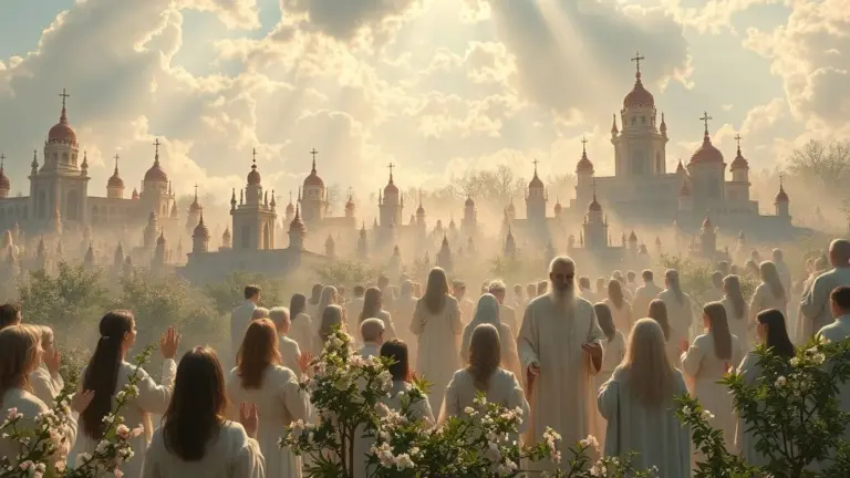 Saints singing in heaven with mansions and flowers.