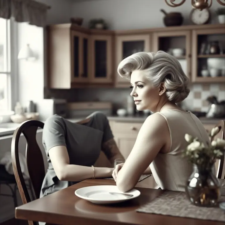 Helen Flanagan sitting at a kitchen table in casual home clothes and hairstyle.