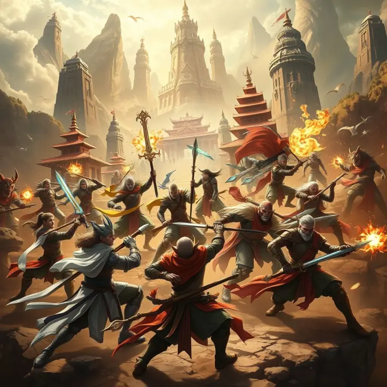 Fantasy heroes in epic battle with mystical weapons and armor.