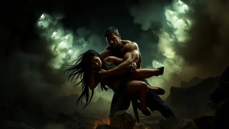 A muscular hero pulls a woman back from toxic gas in a dimly lit, rumbling tunnel.