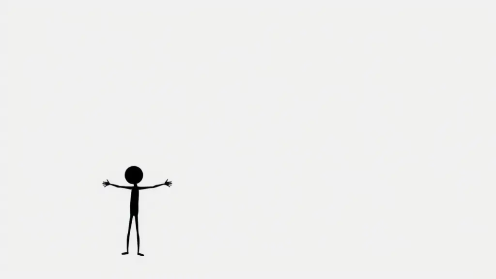 Black stick figure with arms out, facing away, on gray background.