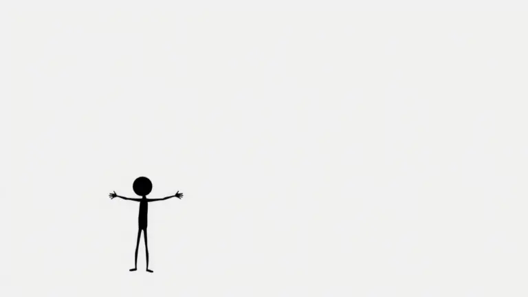 Black stick figure with arms out, facing away, on gray background.