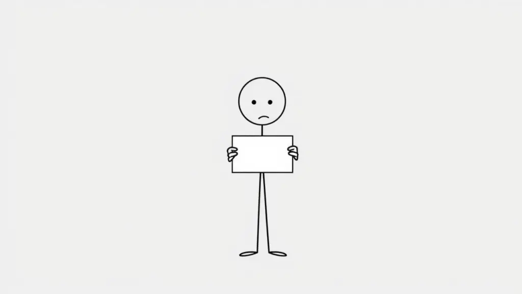 Minimalist stick figure with hesitant expression holding a blank sign on gray background.