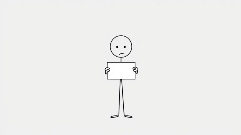 Minimalist stick figure with hesitant expression holding a blank sign on gray background.