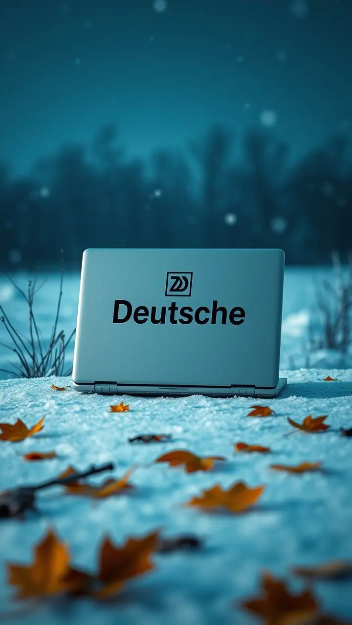 Eco-friendly notebook with Deutsche emblem in a winter landscape with autumn leaves and glitch effects.