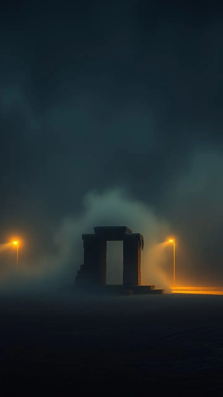 Sandstorm with ancient stone tribune at night.