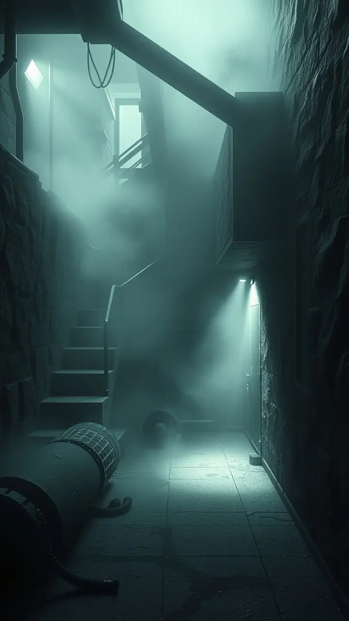 Rugged under-stair storage with dystopian architecture in heavy fog.
