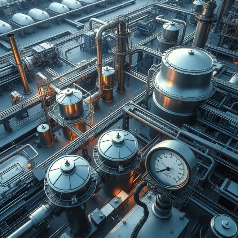 Aerial view of a complex industrial plant with machinery and pH meters.