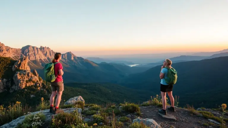 Two hikers on a mountain cliff at sunset.