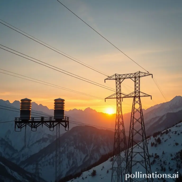 Snowy Himalayan mountains with power line towers at sunrise.