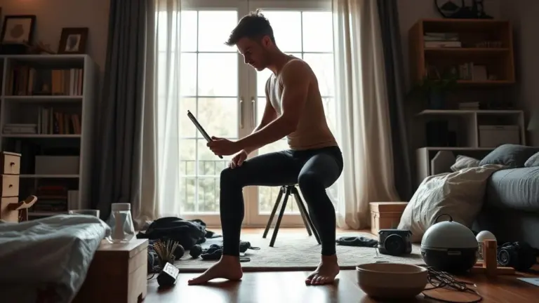 Man in leggings working from home, barefoot.