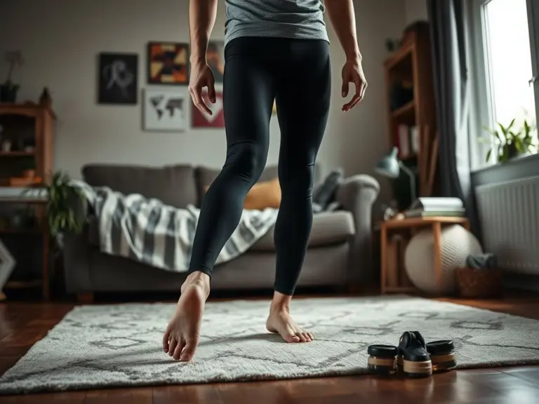 Man in leggings working at home, barefoot.
