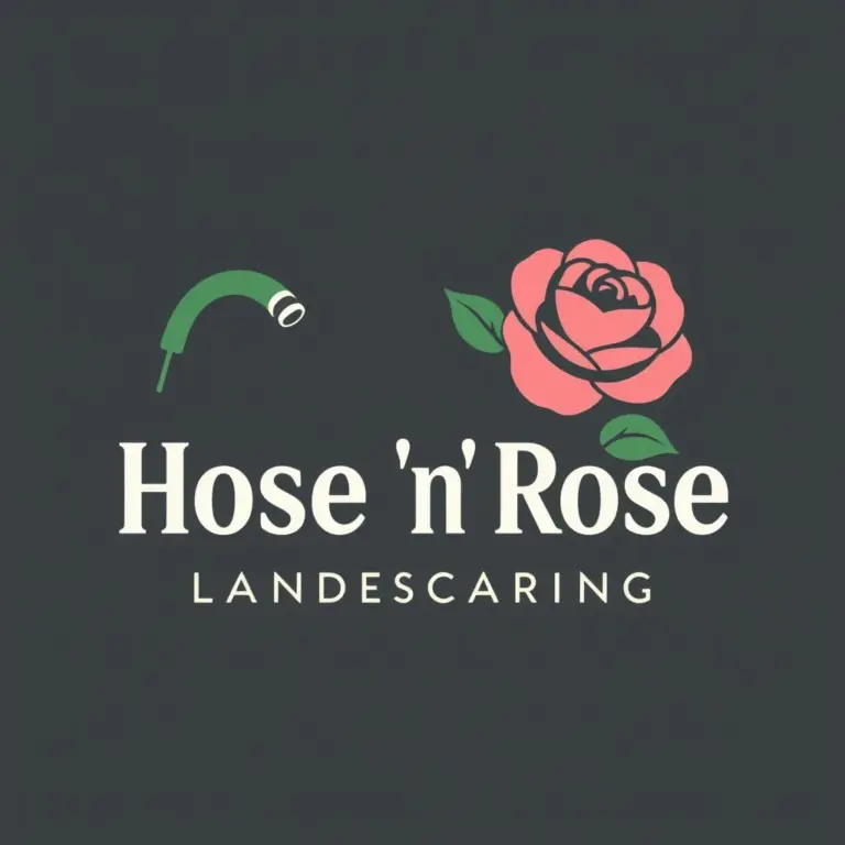 Logo for Hose 'n' Rose Landscaping with hose and rose icon.