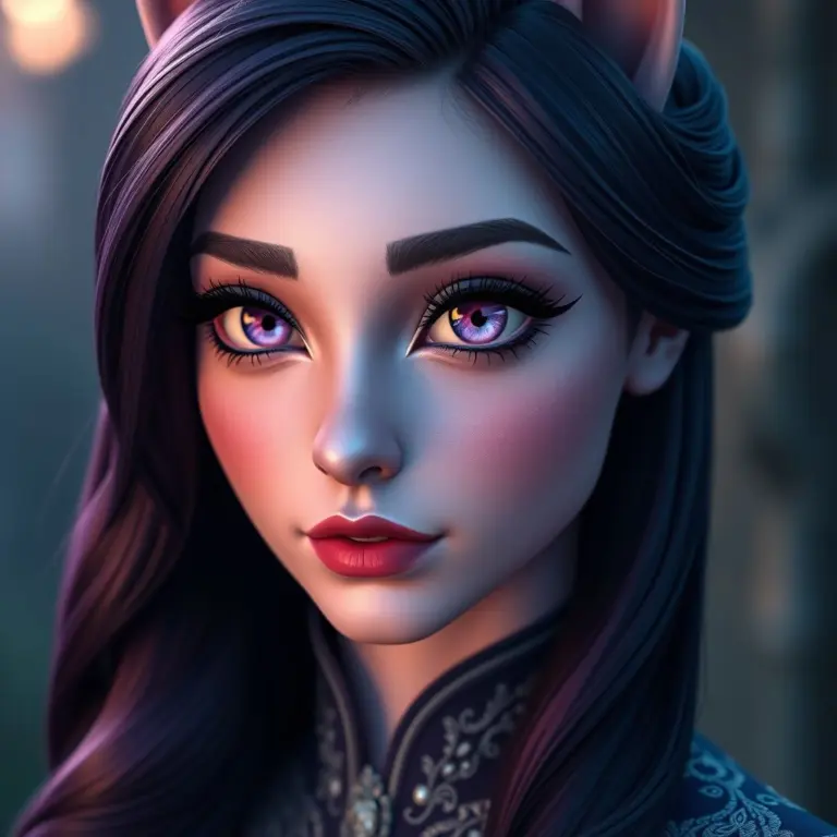 Photorealistic human Twilight Sparkle with deep violet eyes and dark purple hair.