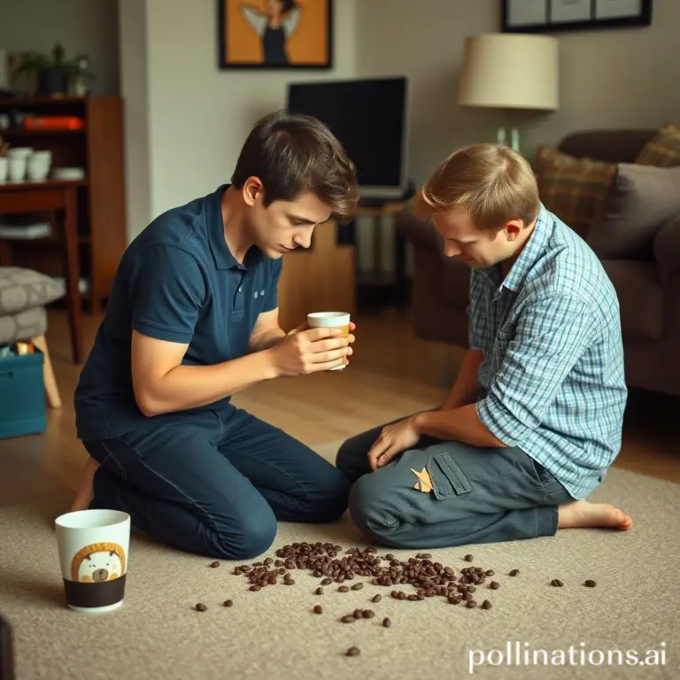 Caleb kneeling on coffee-stained floor in humiliation.