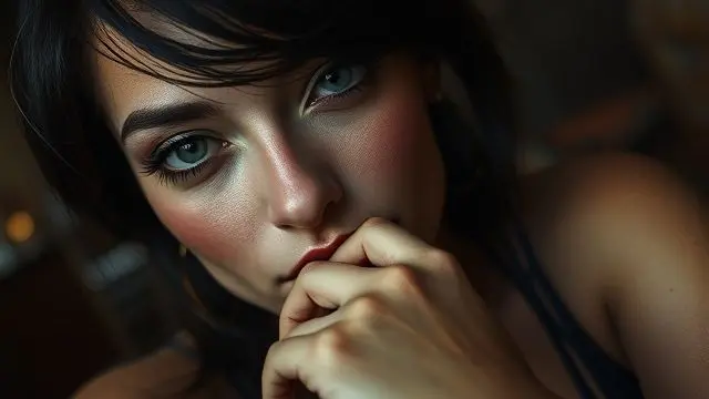 Portrait of a Hungarian influencer with dramatic eyelashes and blush, hand on chin.