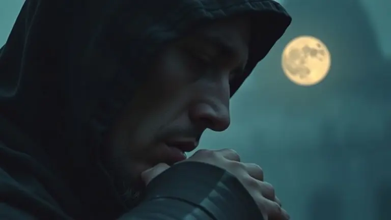Close-up of a hooded figure's scarred profile with a hunter's gaze, a single tear reflecting moonlight, and a gloved hand touching a net.