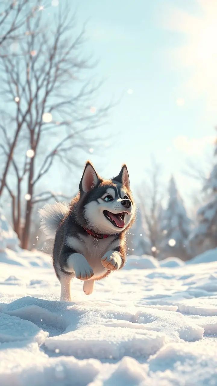 Husky playing in melting snow during a heatwave with glowing particles.
